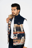 Men's Navy Padded Aztec Print Vest W/Faux Fur Lining